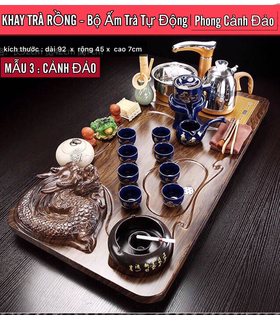 Bàn trà điện thông minh tự động đa năng Tượng Rồng khung gỗ cao cấp TR14-Phong cách trà đạo,Một bộ đủ món như hình