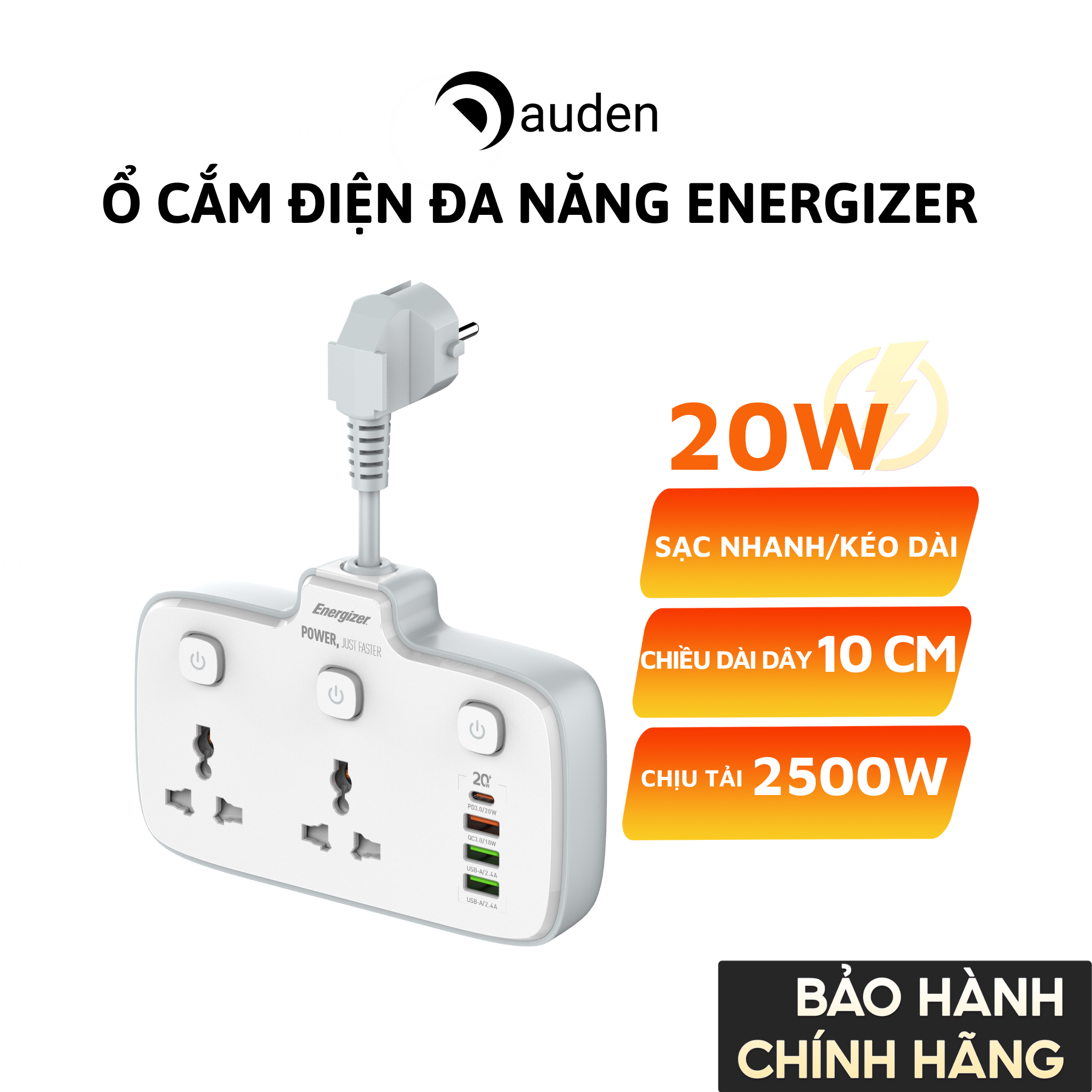 Ổ cắm điện đa năng Energizer tích hợp cổng sạc nhanh Type-C chịu tải lên đến 3500W - Hàng chính hãng