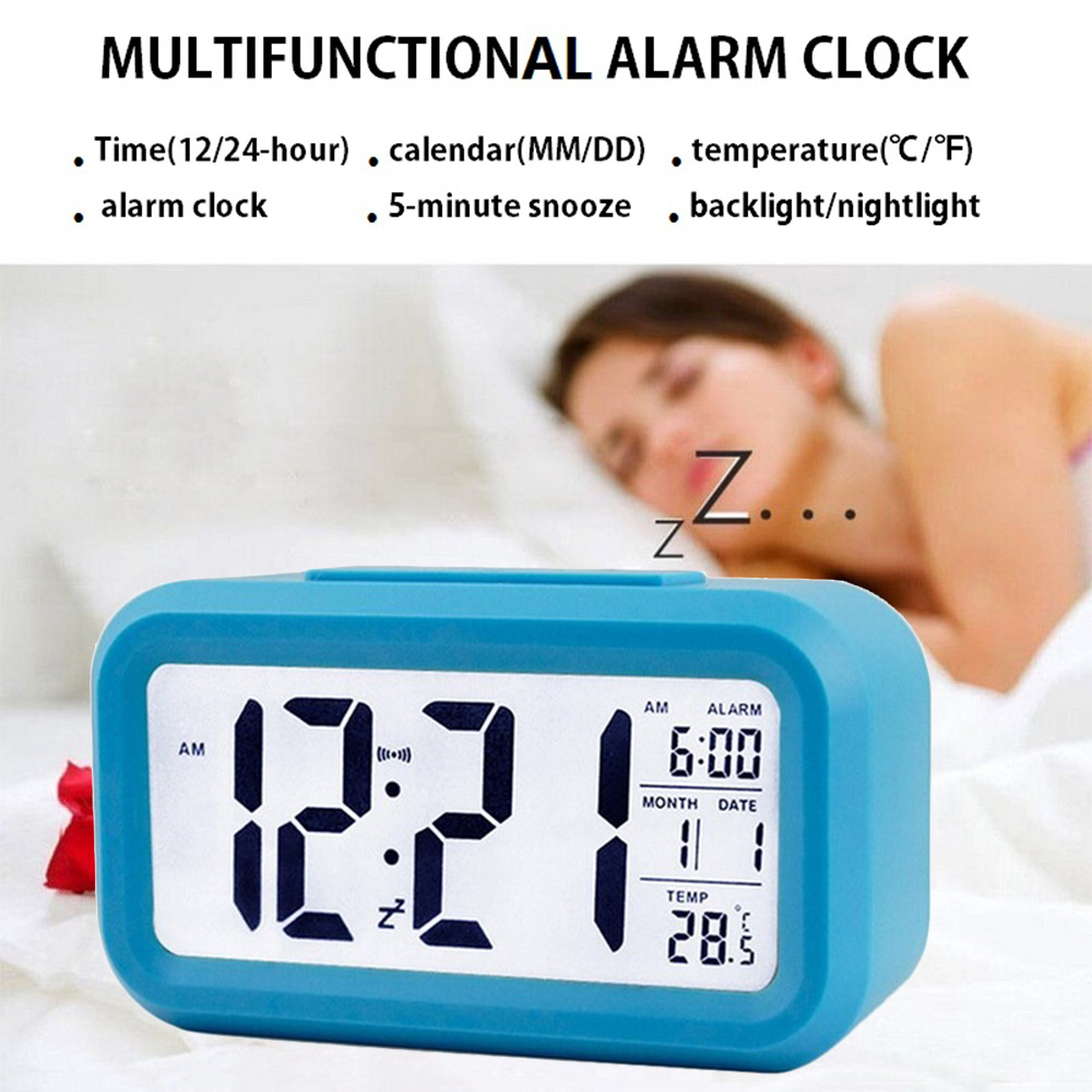 CHH1019 Đồng hồ báo thức kỹ thuật số thông minh có nút Báo lại ngày và nhiệt độ ở trên cùng Đồng hồ để bàn hình chữ nhật chạy bằng pin