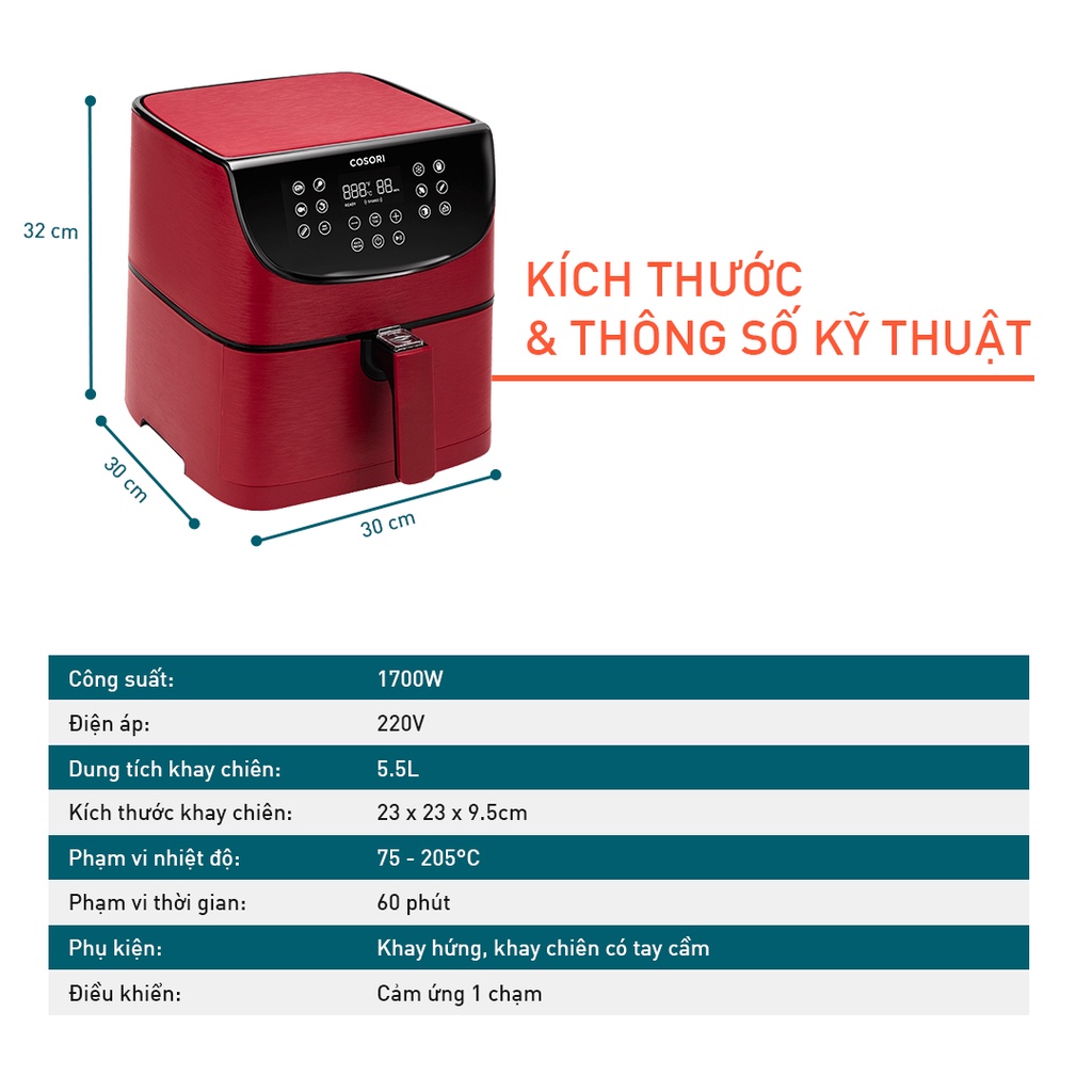 Nồi chiên không dầu điện tử Cosori CP158 - AF (5,5 Lít) màu đỏ - Hàng chính hãng