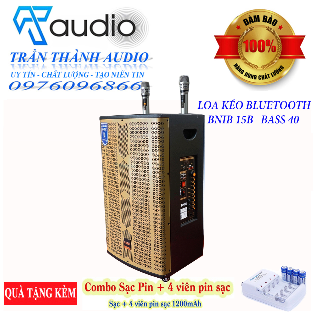 Loa kéo bluetooth BNIB 15B bass 40,Loa karaoke Hàng chính hãng Nhập Khẩu 2023,Tặng kèm bộ sạc và 4 quả pin 1200mah