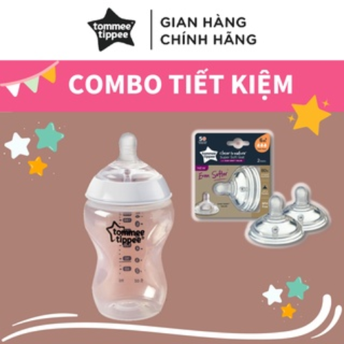 Combo Bình Sữa Tommee Tippee Natural Start Ty Siêu Mềm Tự Nhiên 340ml &amp; Núm Ty Silicon Thay Thế 6M+
