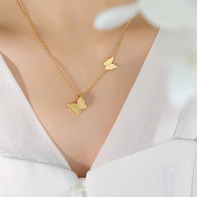 Dây chuyền nữ bằng thép không gỉ hình cặp bướm thời trang phong cách retro