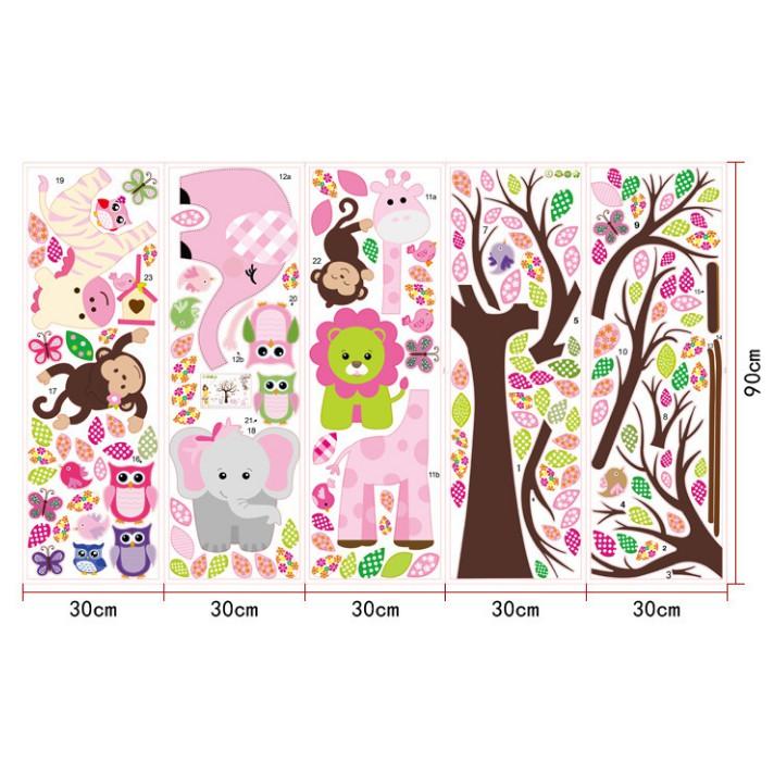 Decal trang trí tường Cây và Thú hồng cho Bé