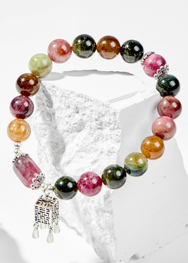 Vòng Tay Phong Thủy Nữ Đá Tourmaline Phối Charm Đèn Lồng Bạc Nhiều Mệnh Ngọc Quý Gemstones