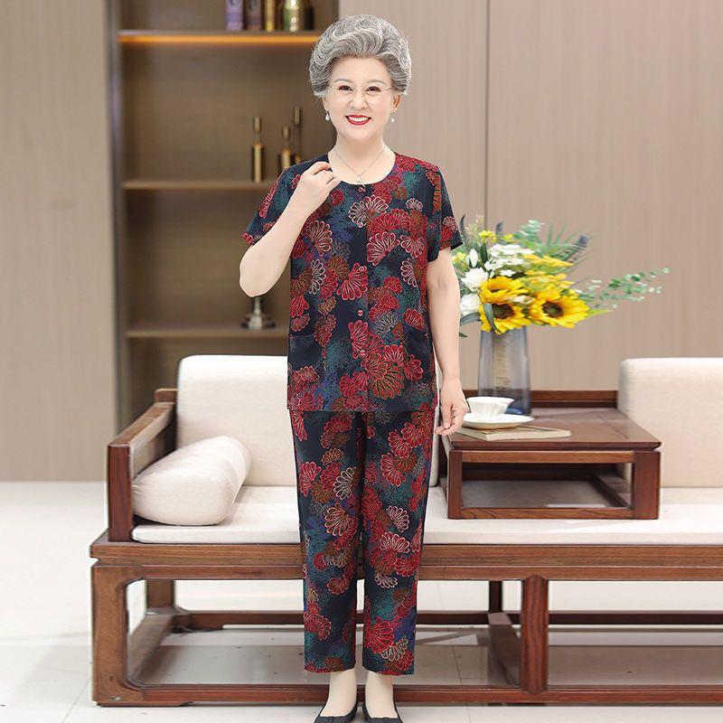 Đồ bộ mặc nhà cho người già cao tuổi, bộ mặc nhà tay cộc quần dài nữ trung niên