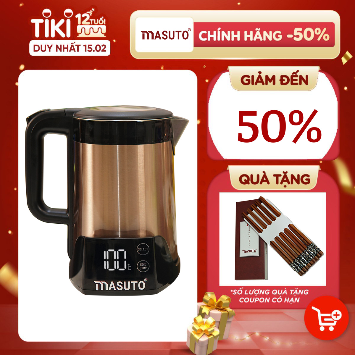 Ấm Siêu Tốc Thông Minh 2 Lớp Cách Nhiệt Chống Bỏng 3in1 Masuto Công Nghệ Nhật Bản Đun Siêu Nhanh Có Cài Đặt Nhiệt Độ Hàng Chính Hãng