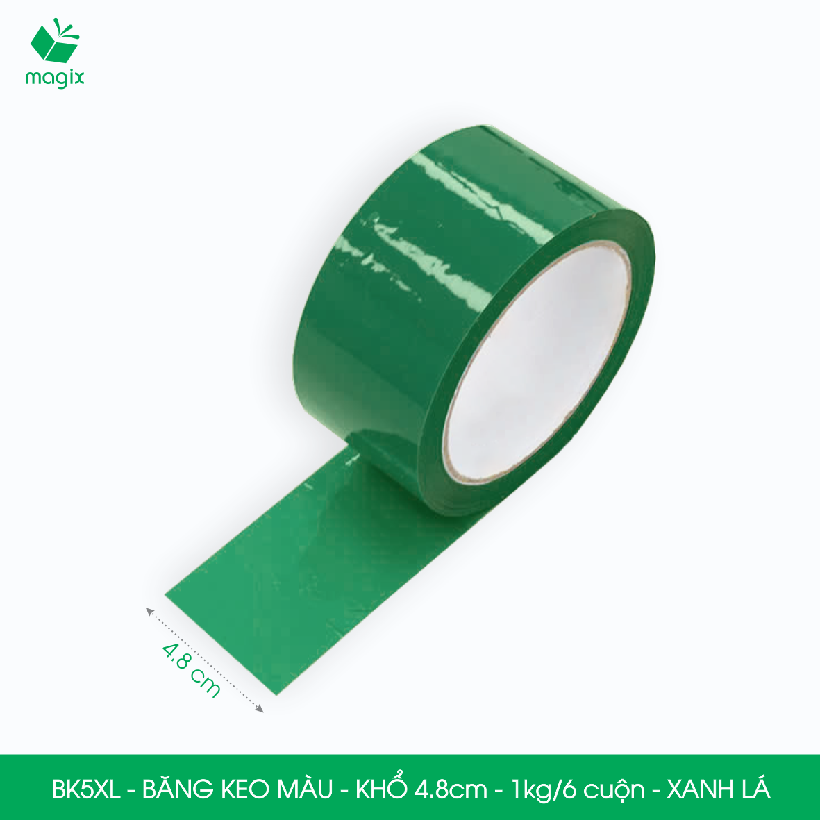 BK5XL - 1 cuộn băng keo màu khổ 4.8cm loại 1kg/6 cuộn - Xanh lá - Băng keo, băng dính đóng hàng