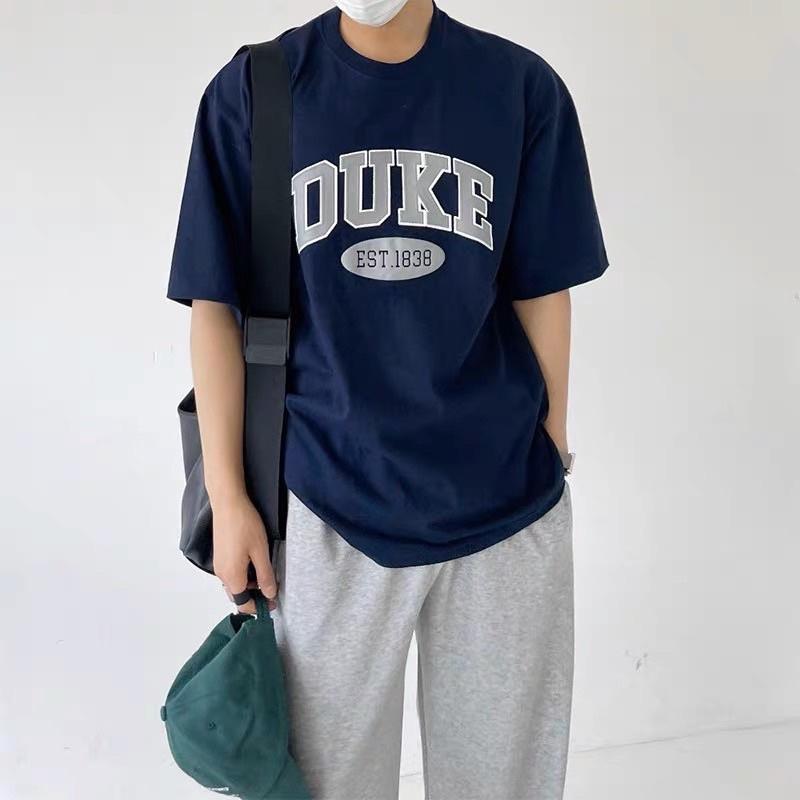 Áo thun tay lỡ màu xanh áo cotton 2 chiều dày dặn in chữ DUKE