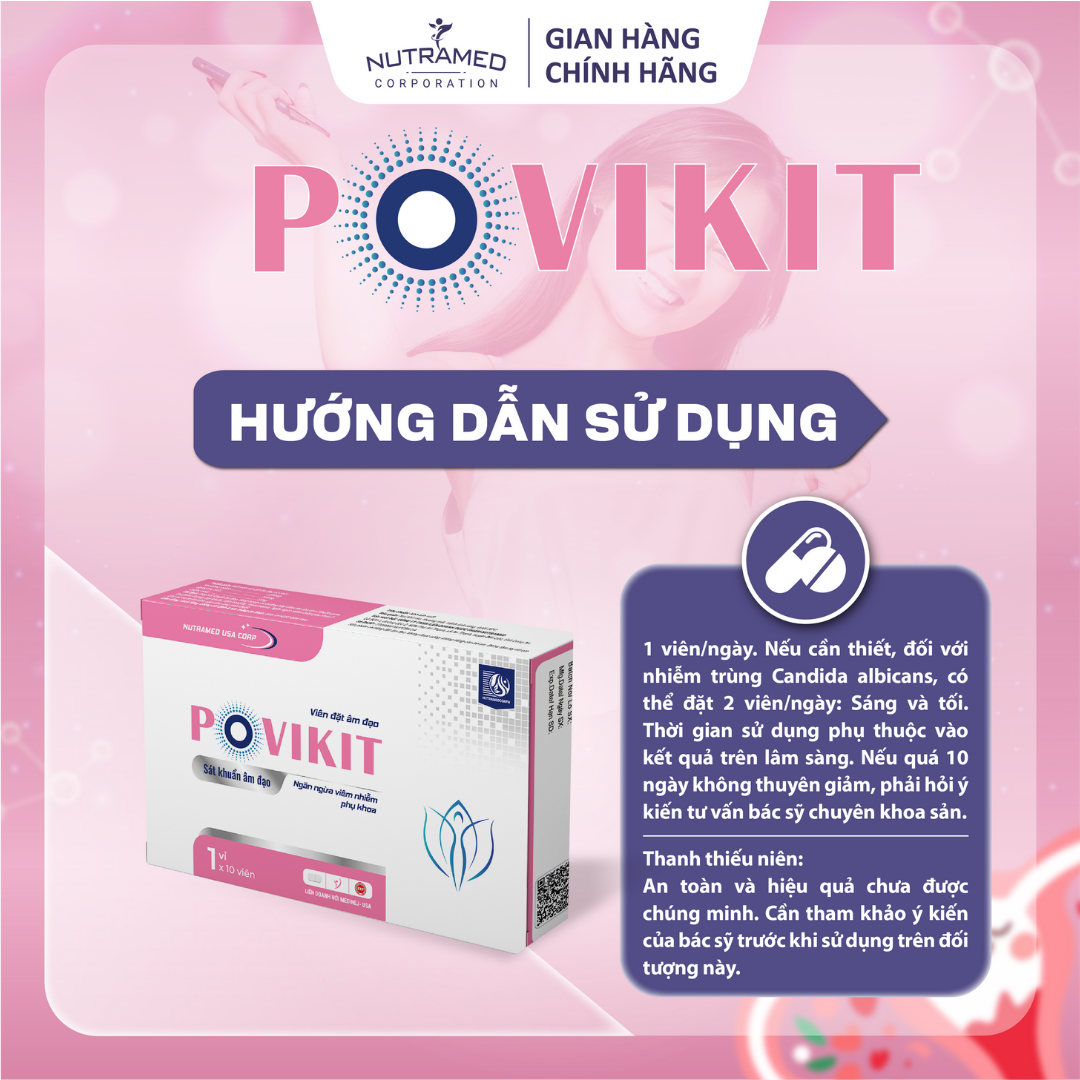 Viên đặt Povikit hỗ trợ giảm viêm cô bé do nhiễm vi khuẩn, nấm ngứa, mùi hôi - Nutramed (10 viên)