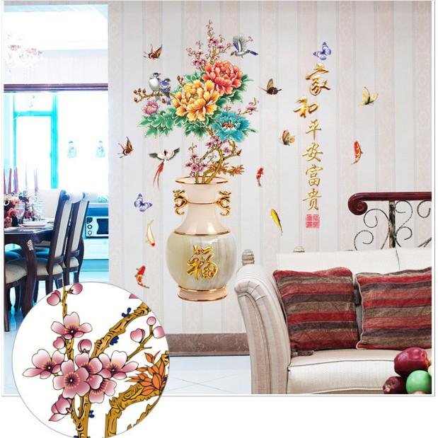 Decal trang trí tường - Bình Hoa Mẫu Đơn Khoe Sắc Ngày Tết