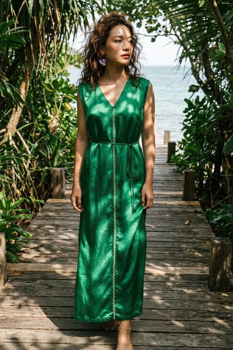 Đầm Maxi Lụa Tơ Tằm Thêu Tay Xanh Ngọc Phỉ Thuý DRE202 thời trang thiết kế Hity