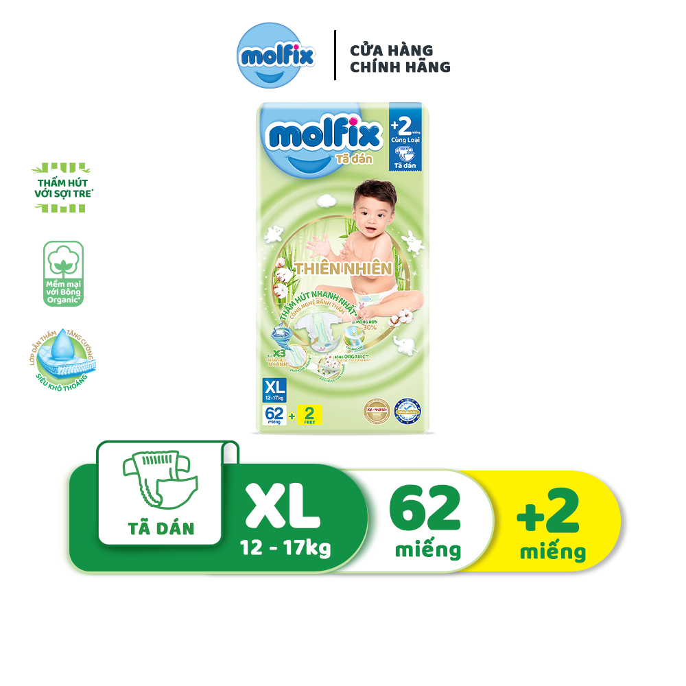 Tã/bỉm dán Molfix Thiên nhiên Super Jumbo XL - Gói 62+2 miếng