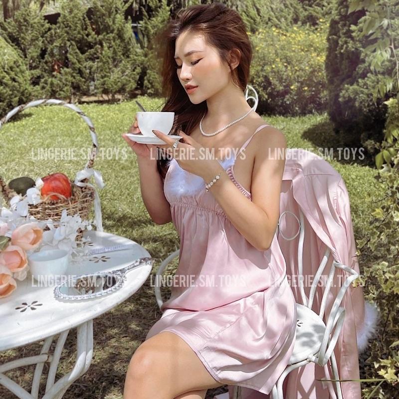 Váy Ngủ Satin Viền Lông Vũ Cao Cấp mã QR19055 @lingerie.sm.toys