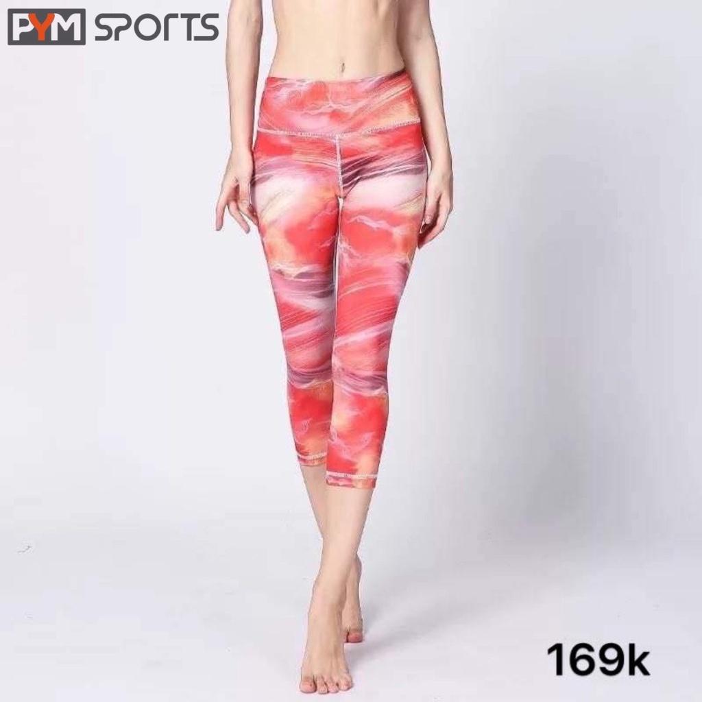 Quần tập Gym - Yoga PYMSPORT - PYML007 kiểu lửng màu 3D, lưng cao tôn dáng - 2 màu hồng, xanh