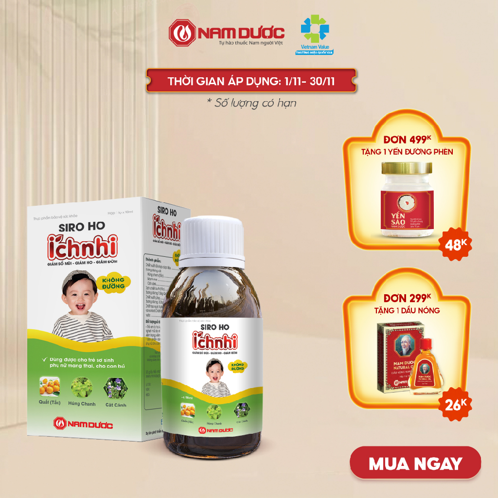 Siro ho cảm Ích Nhi chai 90ml không đường hỗ trợ giải cảm, giảm ho, sổ mũi, tiêu đờm, cho trẻ sơ sinh, trẻ nhỏ, bà bầu