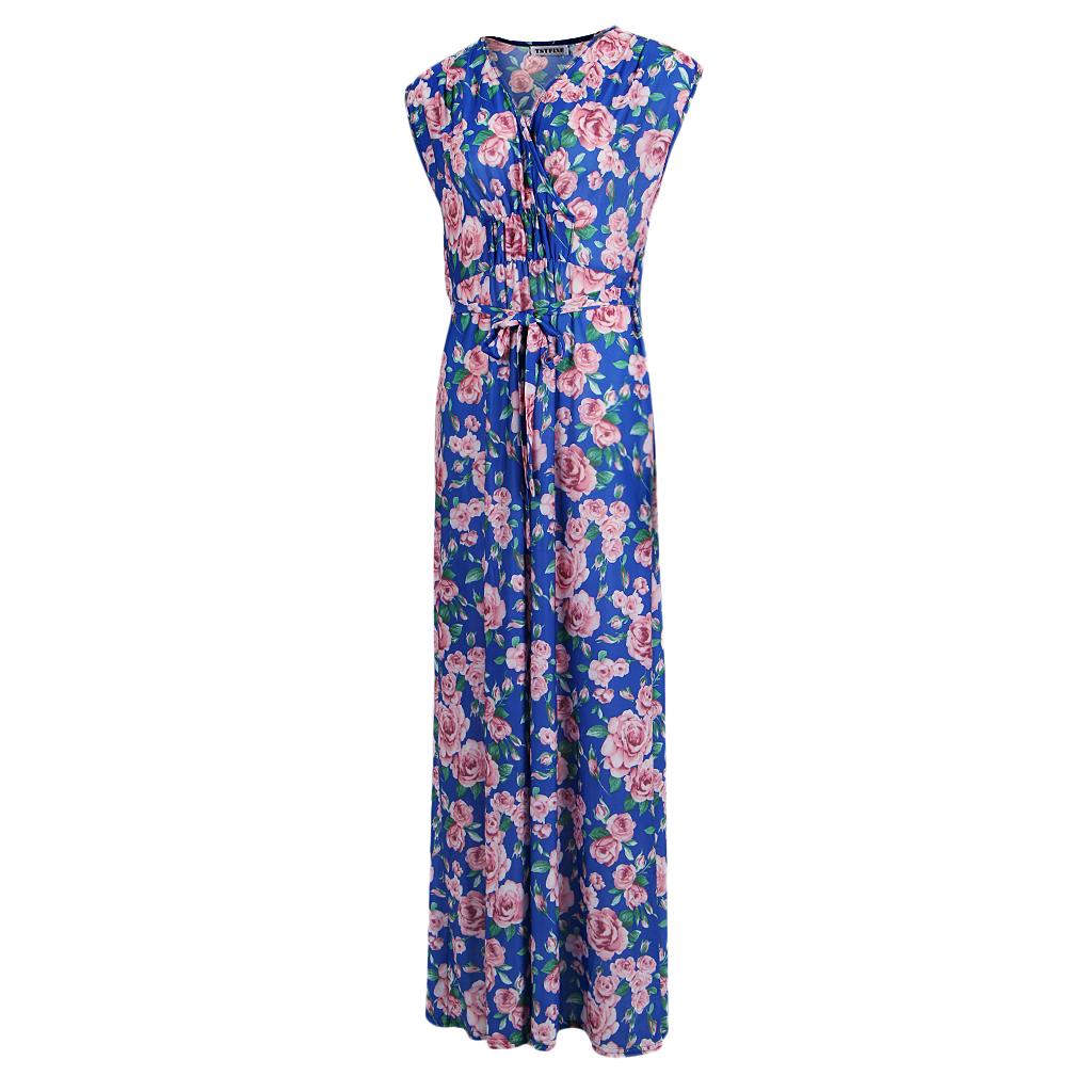 Women's V Neck Sleeveless Stretchy Wrap Waist Floral Boho Maxi Beach Party Dresses