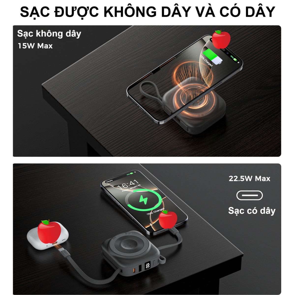 Pin dự phòng đa năng 2 in 1 Choetech B697 công suất 22.5W tích hợp cáp Type C và iP - Hàng chính hãng