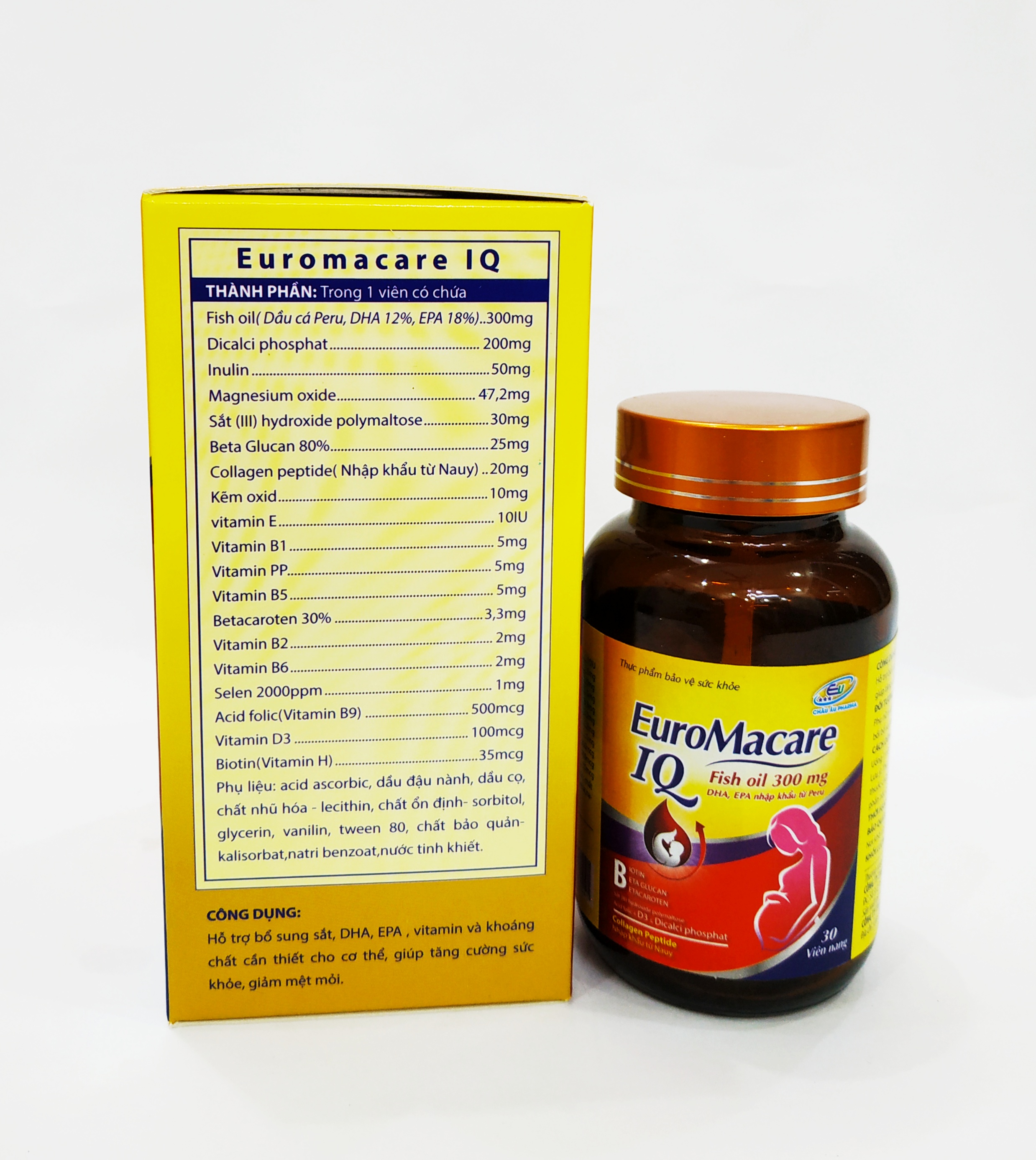 VIÊN UỐNG BỔ MÁU EUROMACARE IQ - BỔ SUNG SẮT TỔNG HỢP, DẦU CÁ, CÁC VITAMIN, EPA, DHA CHO PHỤ NỮ CÓ THAI VÀ CHO CON BÚ - GIẢM NGUY CƠ SẨY THAI , TIỀN SẢN GIẬT - KHỎI LO ỐM NGHÉN - MỖI NGÀY 1 VIÊN - LỌ 30 VIÊN