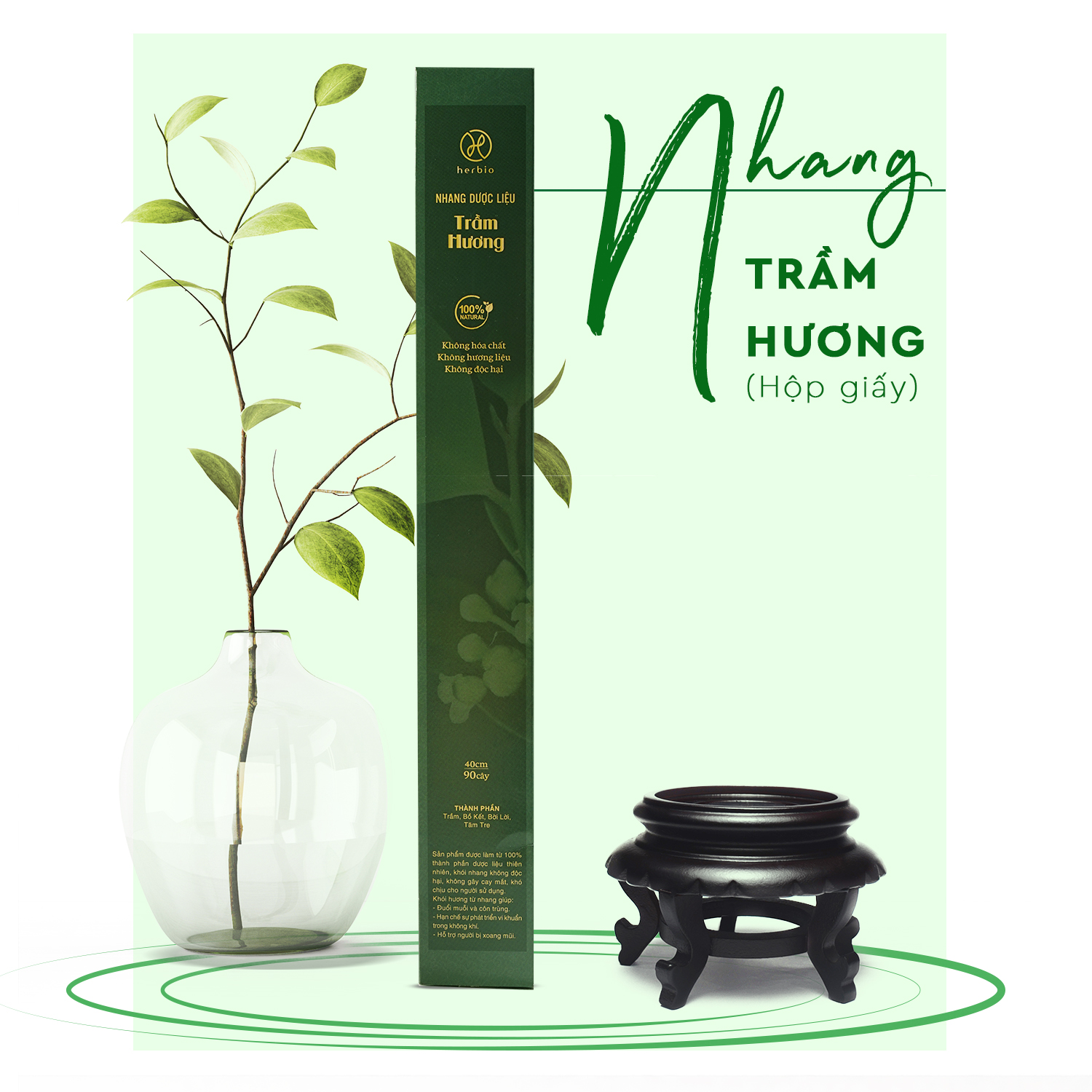 Nhang dược liệu thơm sạch Trầm Hương Herbio - hương tự nhiên, giúp ức chế vi khuẩn nấm trong không khí - An toàn dùng trong gia đình - Hộp giấy 40cm x 90 cây