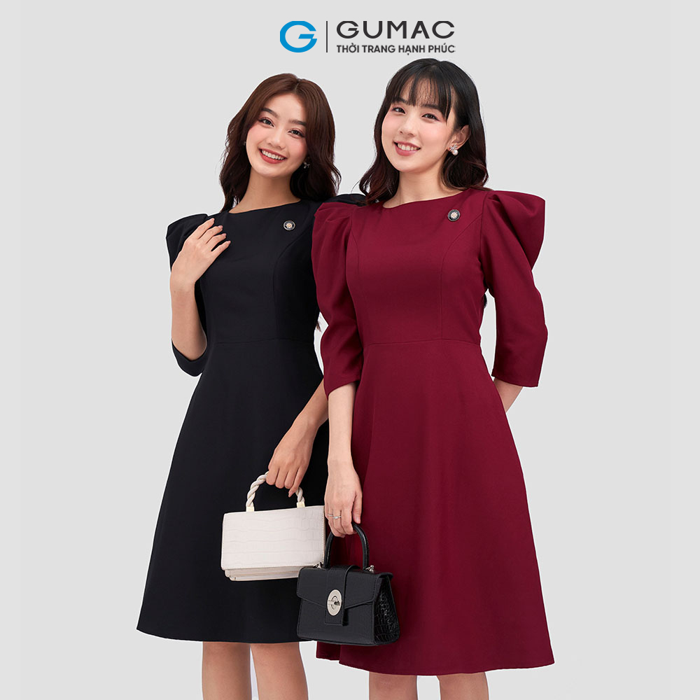 Đầm xòe GUMAC DC12008 cổ thuyền tay nhún sang trọng