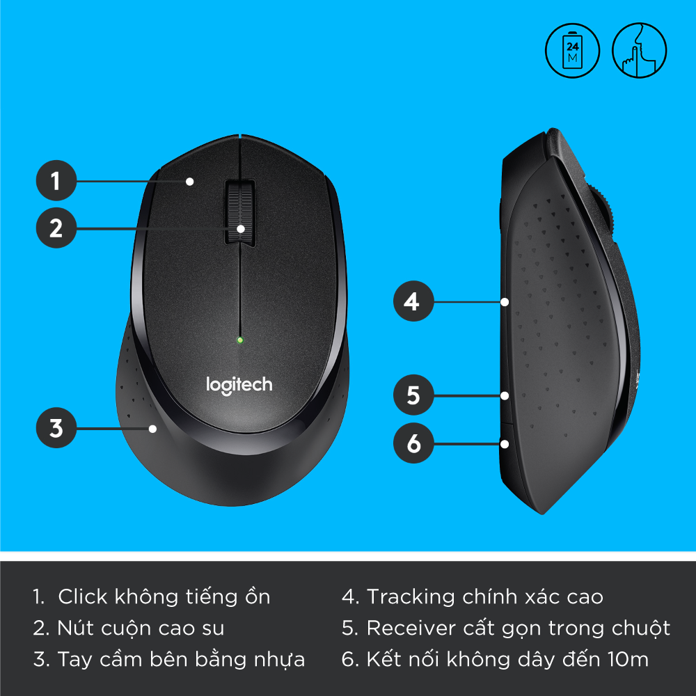 Chuột không dây Logitech M330 Silent Plus giảm ồn 90% - USB 2.4GHz, pin 2 năm, phù hợp người thuận tay phải, PC/ Laptop - Hàng chính hãng - Màu Đen