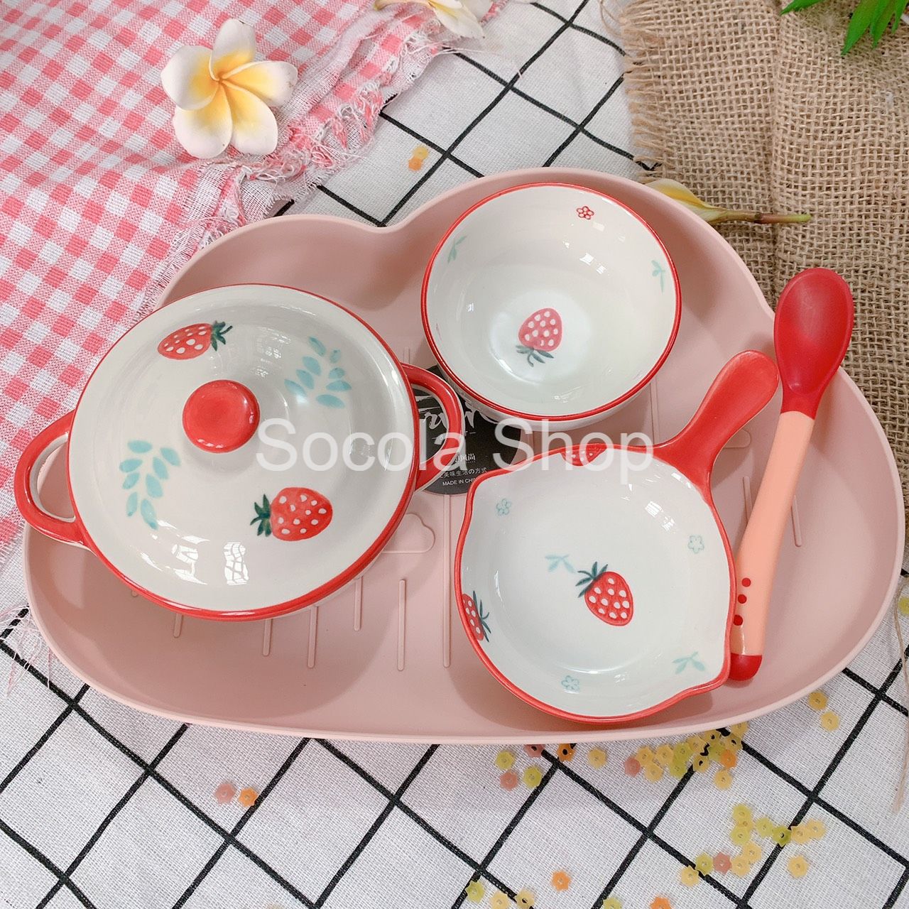 Bộ Chén Bát Ăn Bằng Sứ Nhiều Hình Đáng Yêu Mẫu Mới Dâu, Khủng Long, Cá, Thỏ