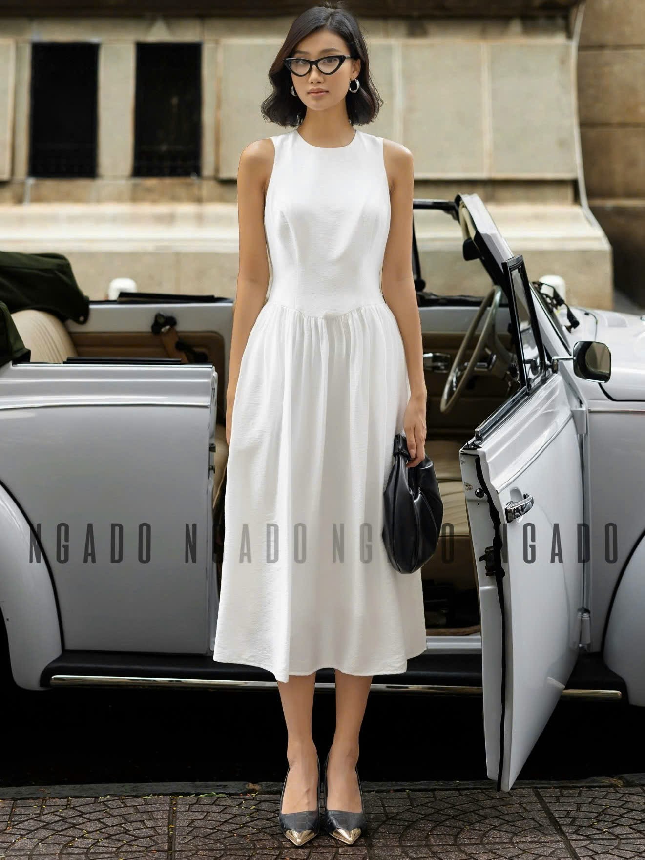 Đầm trắng xoè cổ tròn sát nách NGADO , đầm nữ , Đầm xòe nữ sát nách