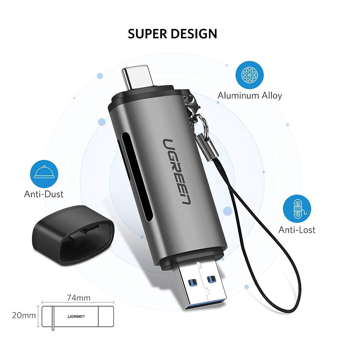 Đầu đọc thẻ nhớ SD, TF chân Type C, USB 3.0 chính hãng Ugreen 50706