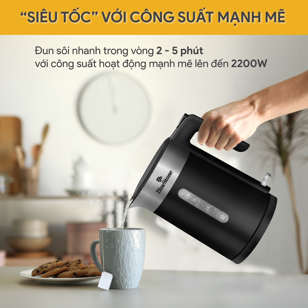 Ấm Đun Siêu Tốc BlueStone KTB-3418 1.7 Lít 1850-2200W - Hàng Chính Hãng