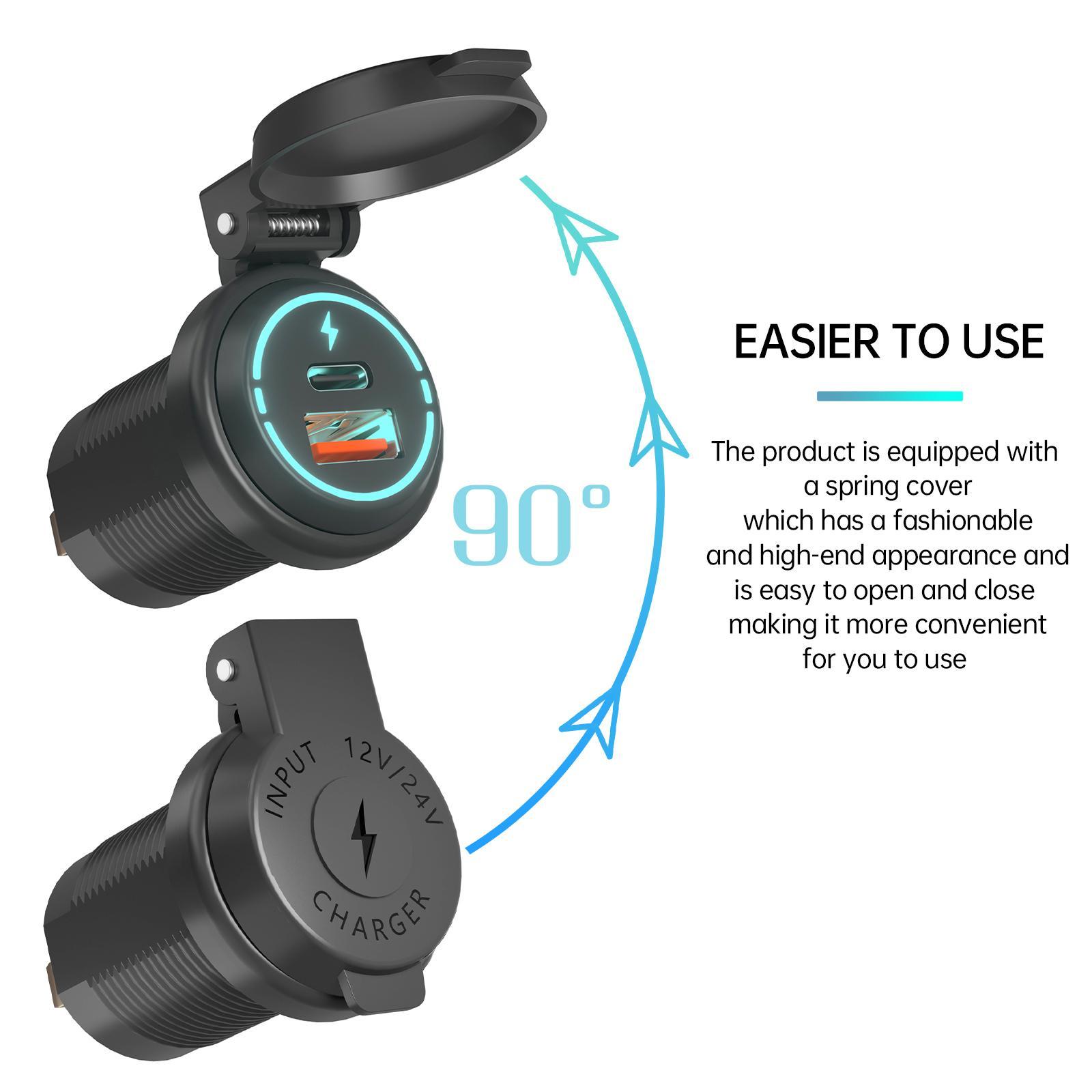 USB Charger Socket PD Type C + QC 3.0 with LED Backlight for Motorcycle