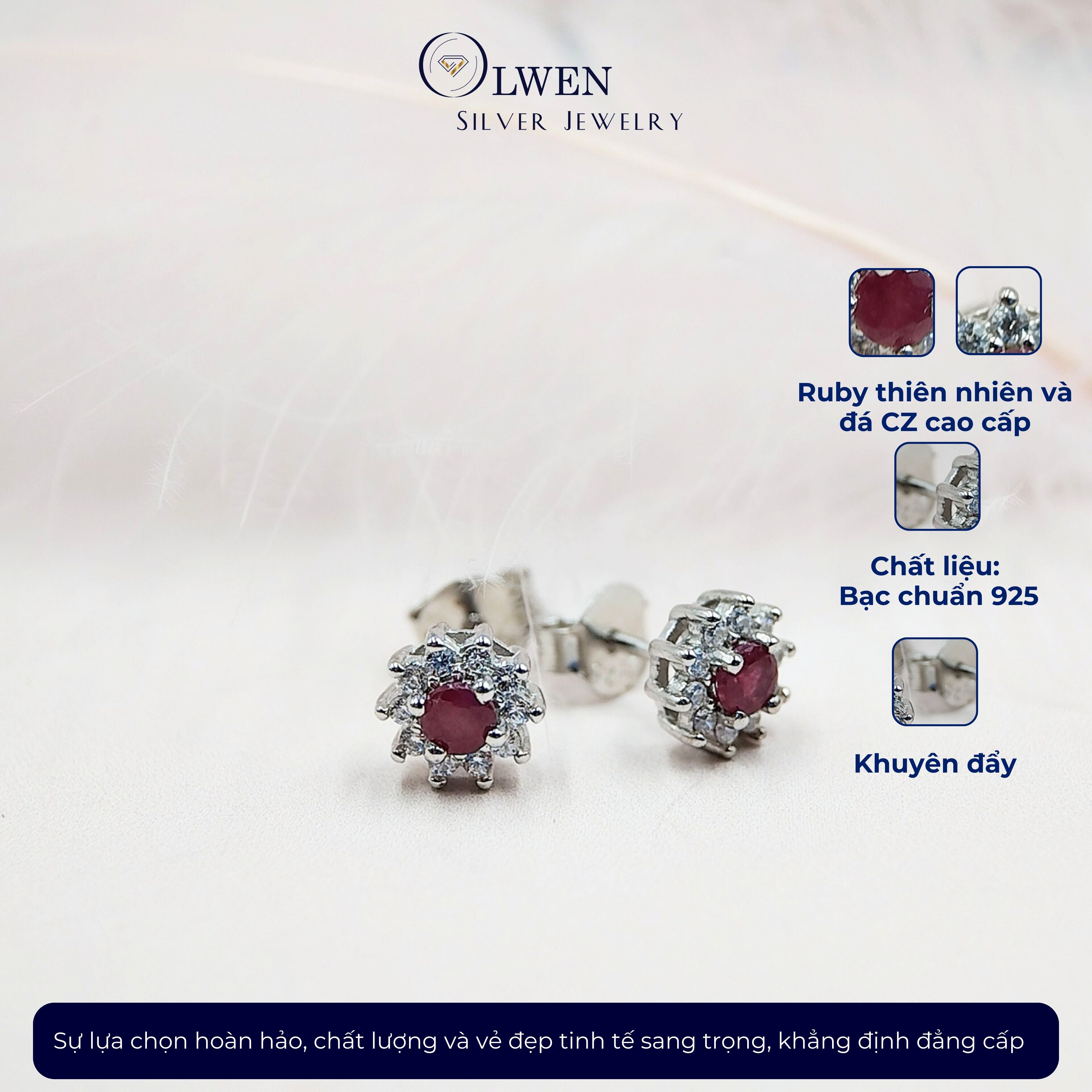 Đôi Bông Tai Nữ Bạc 925 Olwen Đính Đá Phong Thủy Ruby