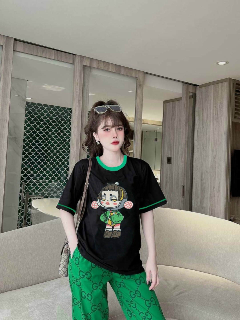 [FREESHIP]Đồ bộ dài form rộng áo thun cotton logo nhập thêu đắp phối quần thun lạnh in 3D xanh lá hiện đại