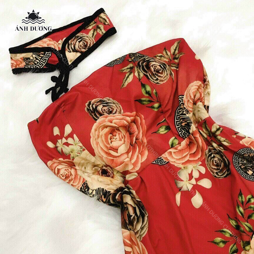 Đầm body sexy xẻ tà hở vai cổ tàu hoa hồng Ánh Dương Clothing M118, váy ôm body