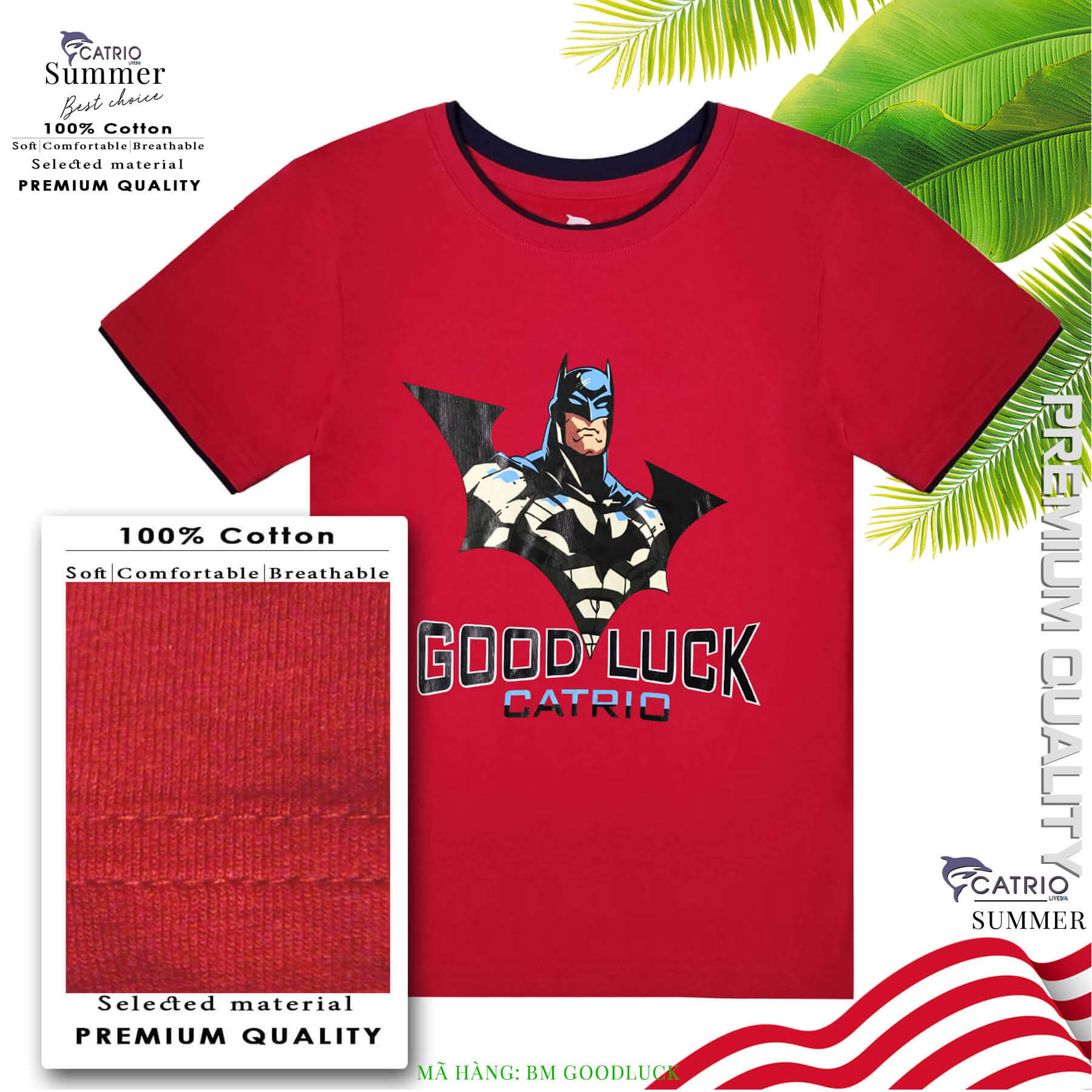 ÁO THUN BÉ TRAI NGẮN TAY CATRIO hình Siêu nhân goodluck, màu đỏ là áo phông trẻ em từ 5 tuổi đến 12 tuổi (20kg 30kg đến 50kg) thuộc BST quần áo trẻ em CATRIO du lịch hè năm 2021