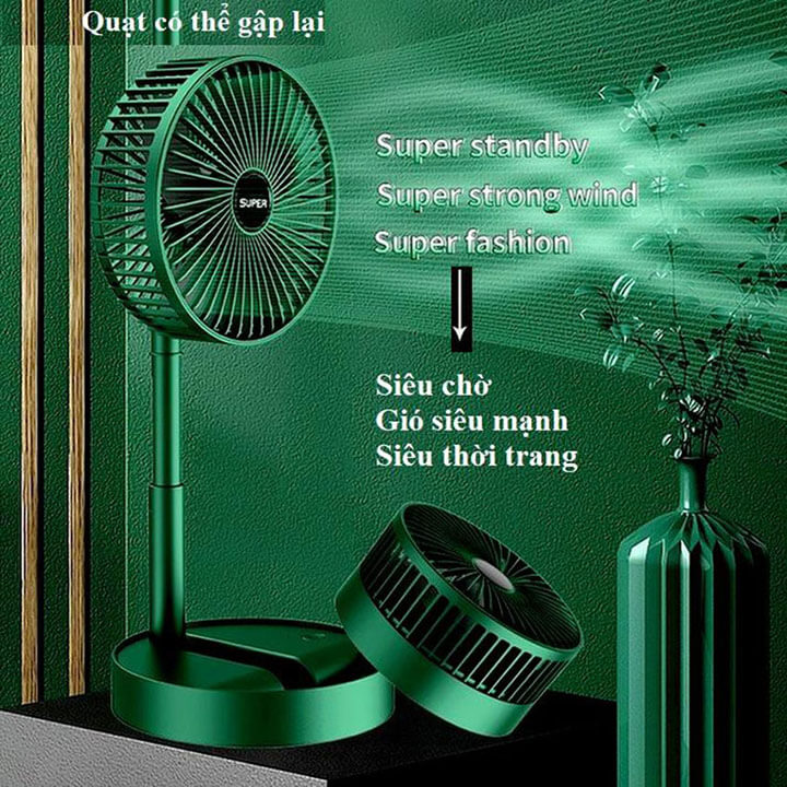 Quạt tích điện mini để bàn gấp gọn Super Fan có thể điều chỉnh độ cao, 3 tốc độ gió, sạc micro USB có giá đỡ điện thoại