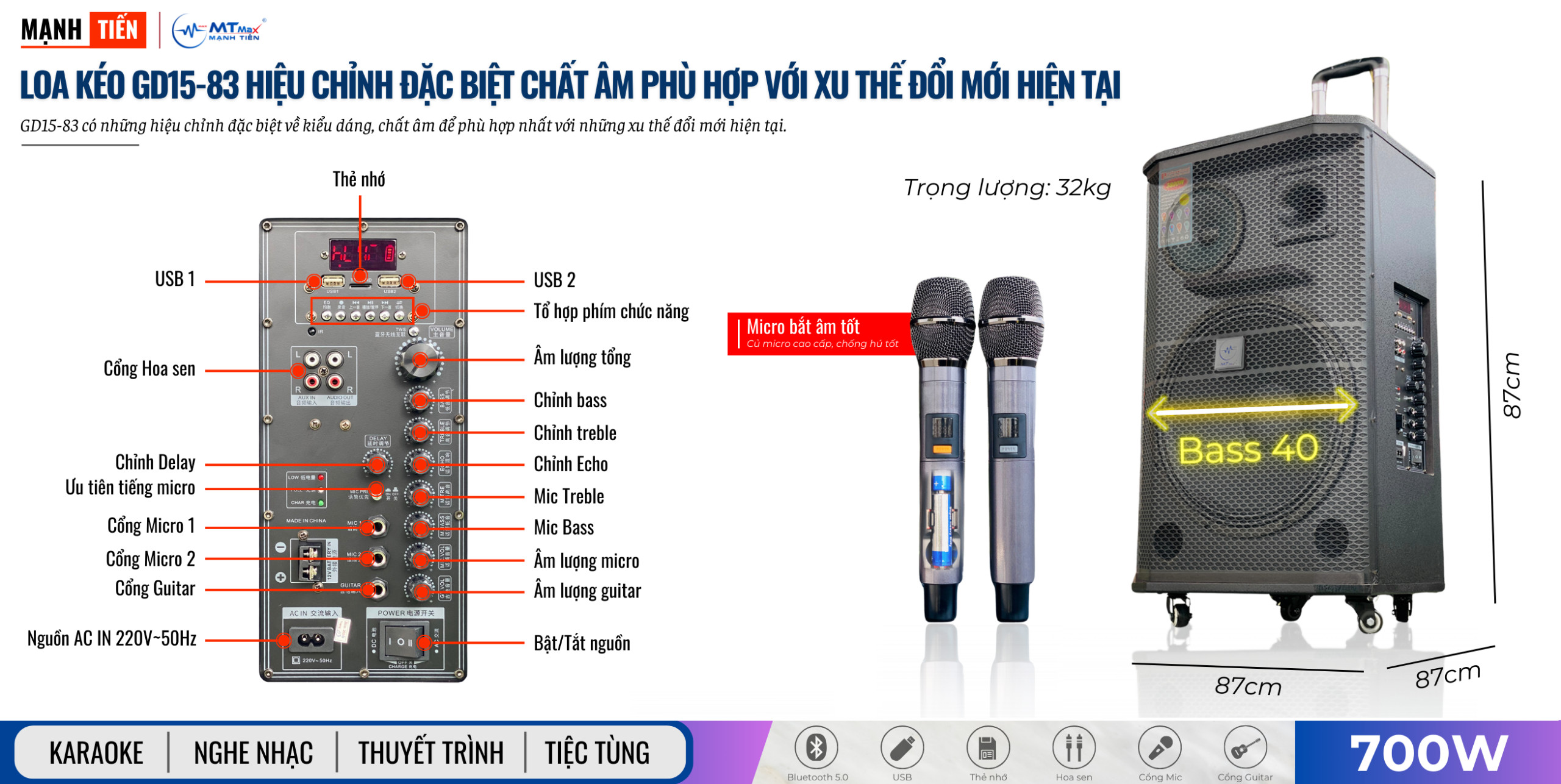 Loa Kéo Di Động GD1583 - Bass 40cm 3 Đường Tiếng Công Suất 700W, Âm Bass Siêu Căng Kèm 2 Micro UHF Cao Cấp Hàng Chính Hãng