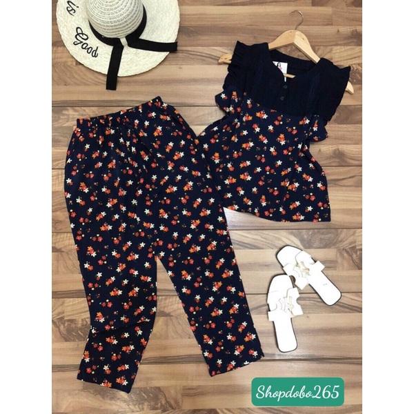 Đồ bộ nữ,đồ ngủ mặc nhà lửng 9 tấc vải lụa phối tằm ý hoạ tiết hoa dễ thương size 45-57kg.