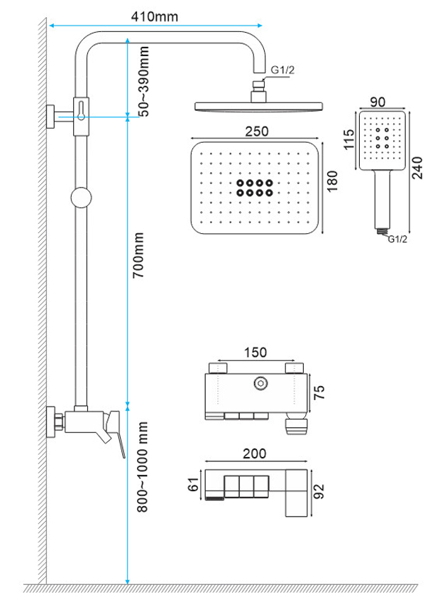 Bộ Sen Cây Tắm, Sen Tắm Đứng Nóng Lạnh Nút Nhấn Dạng Phím Đàn inox 304 Sơn Tỉnh Điện Màu Đen mã SC18