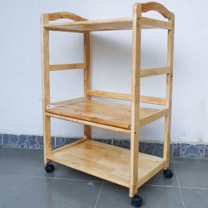 Kệ để lò vi sóng gỗ cao su chắc chắn có bánh xe di chuyển - Kệ vi sóng 3 tầng 47wood