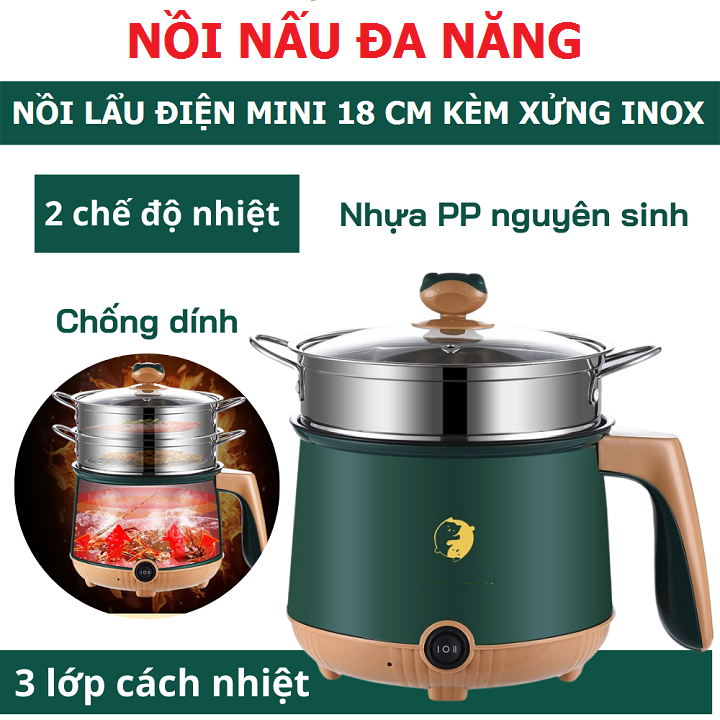 Nồi lẩu điện mini đa năng 2 tầng chống dính kèm giá hấp Inox ( Chiên, Xào, Nấu Nướng ) với 2 nấc nhiệt tiện lợi 18CM, nồi nấu đa năng, Ca nấu mì cho sinh viên, hoc sinh