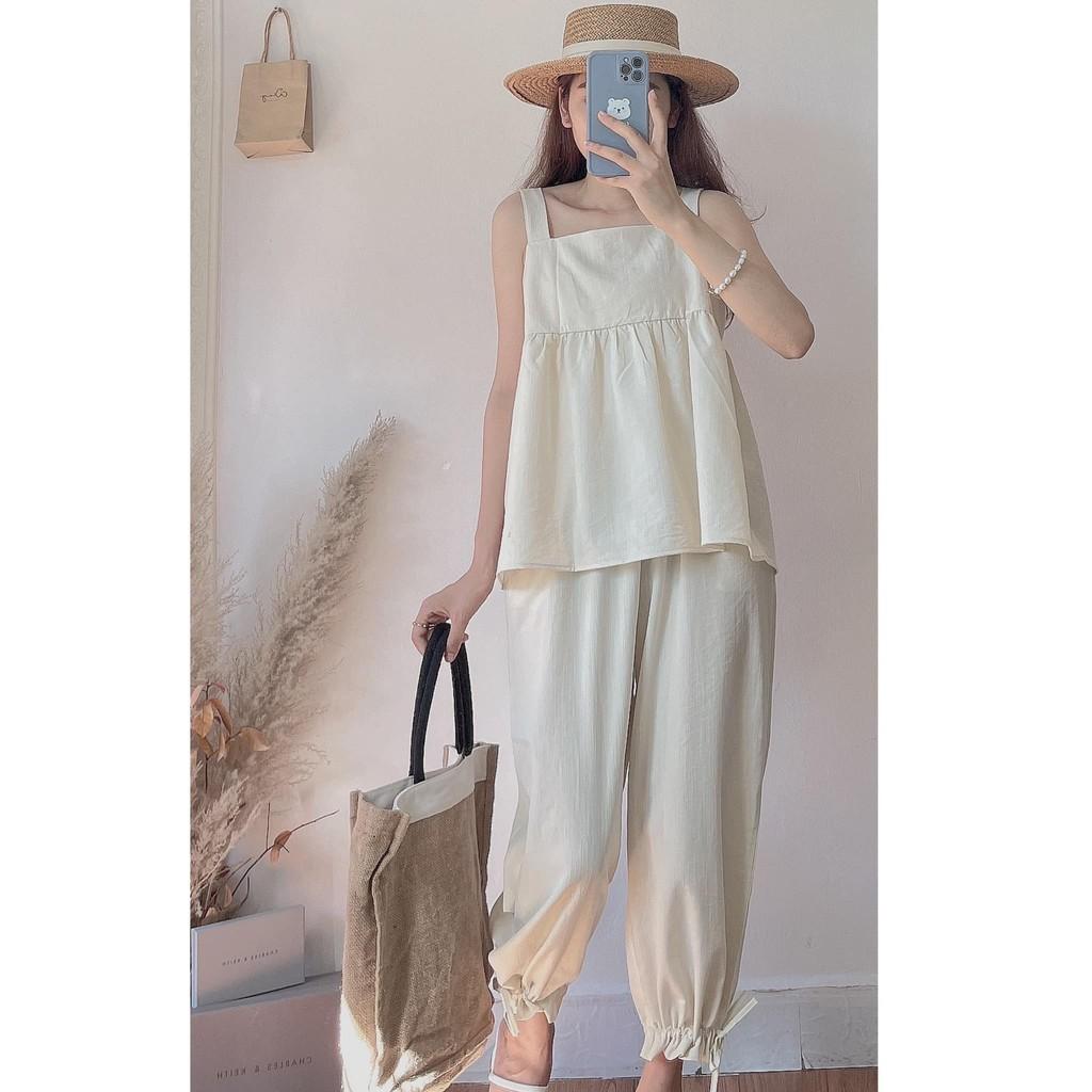 SET YẾM NHUNG TĂM NÂU TÂY PHỐI ÁO VOAN CỔ BÈO STYLE ULZZANG