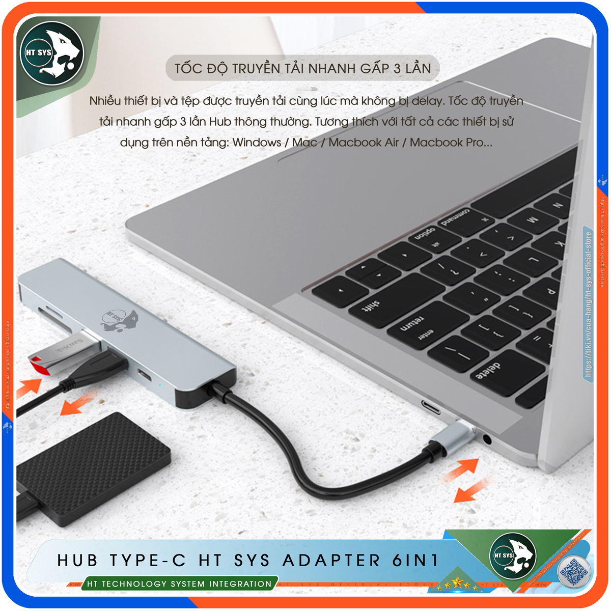 Hub Type C To HDMI HT SYS 6in1 Chuẩn HDTV - Hub Chuyển Đổi USB Type-C 6 Cổng - HDMI 4K, USB 3.0, Sạc Nhanh Type C PD, Khe Đọc Thẻ SD/TF - Kết Nối Tốc Độ Cao - Dành Cho MacBook, Tivi, Laptop, PC, Máy Tính Bảng, Smartphone – Hàng Chính Hãng