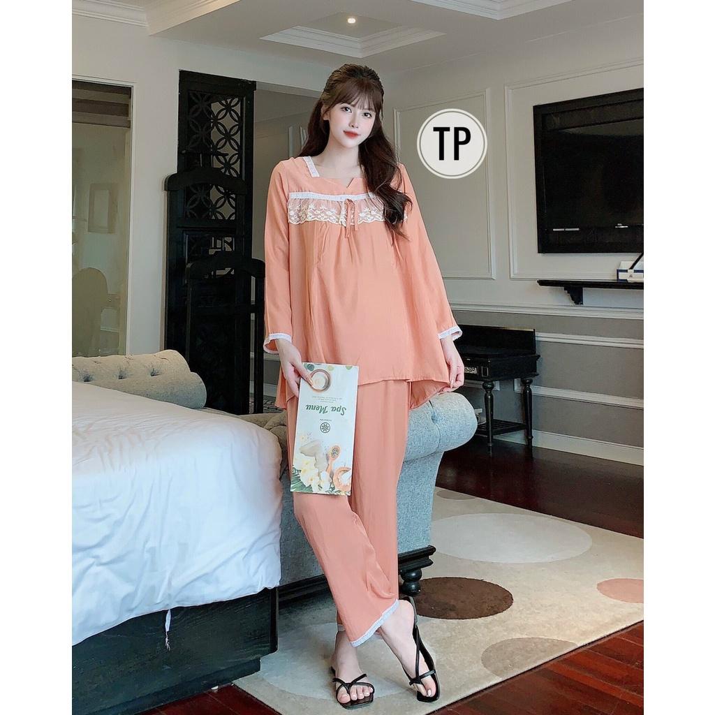 Bộ đồ bầu dài tay mặc nhà và sau sinh chất đũi cổ vuông tiểu thu xinh xắn