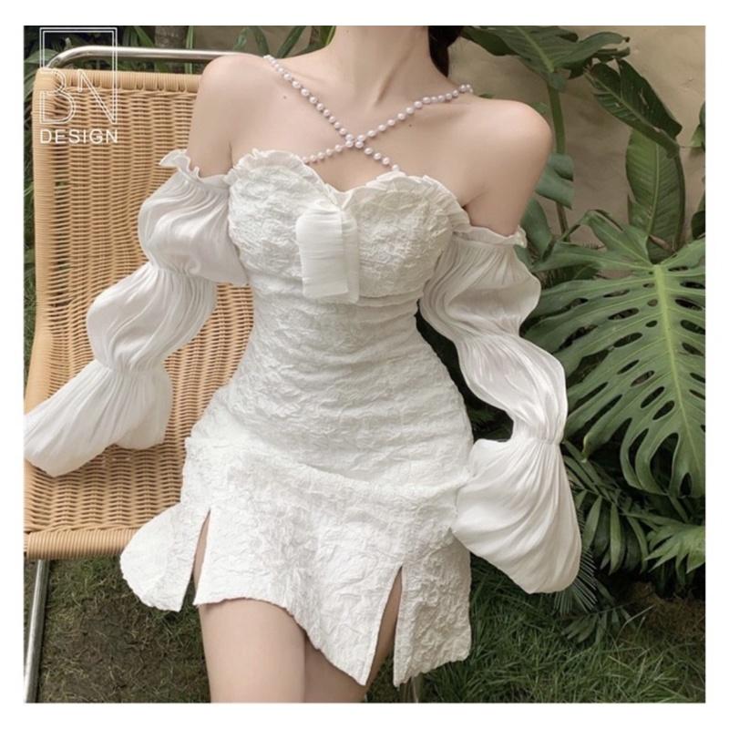 FREESHIP Đầm gấm xốp nữ trễ vai cổ yếm kết cườm cao cấp sang chảnh phong cách duyên DS