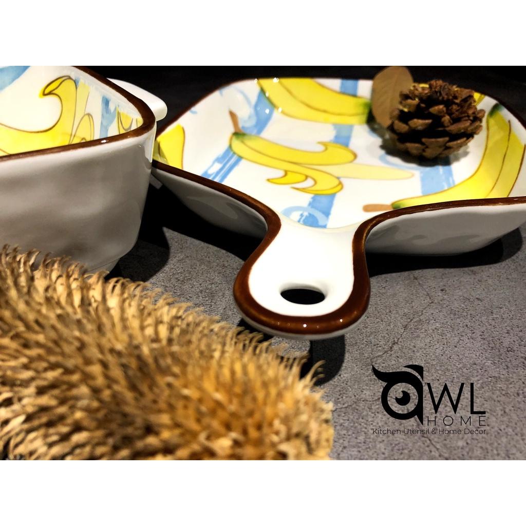 Thố vuông có tay cầm họa tiết trái cây banana/water melon ceramic