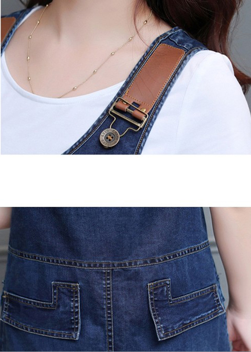 Đầm Yếm Jean Nữ Phối Da Nút Ngực Duyên Dáng