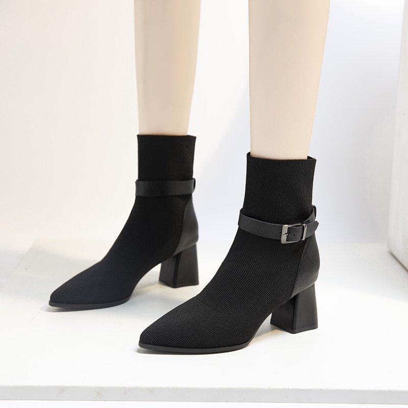 Mùa Thu Mới Gót Vuông Co Giãn Stovepipe Tất Giày Anh Chỉ Giày Cao Gót Cổ Chân Nữ Đế Gót Giày Bốt Nữ