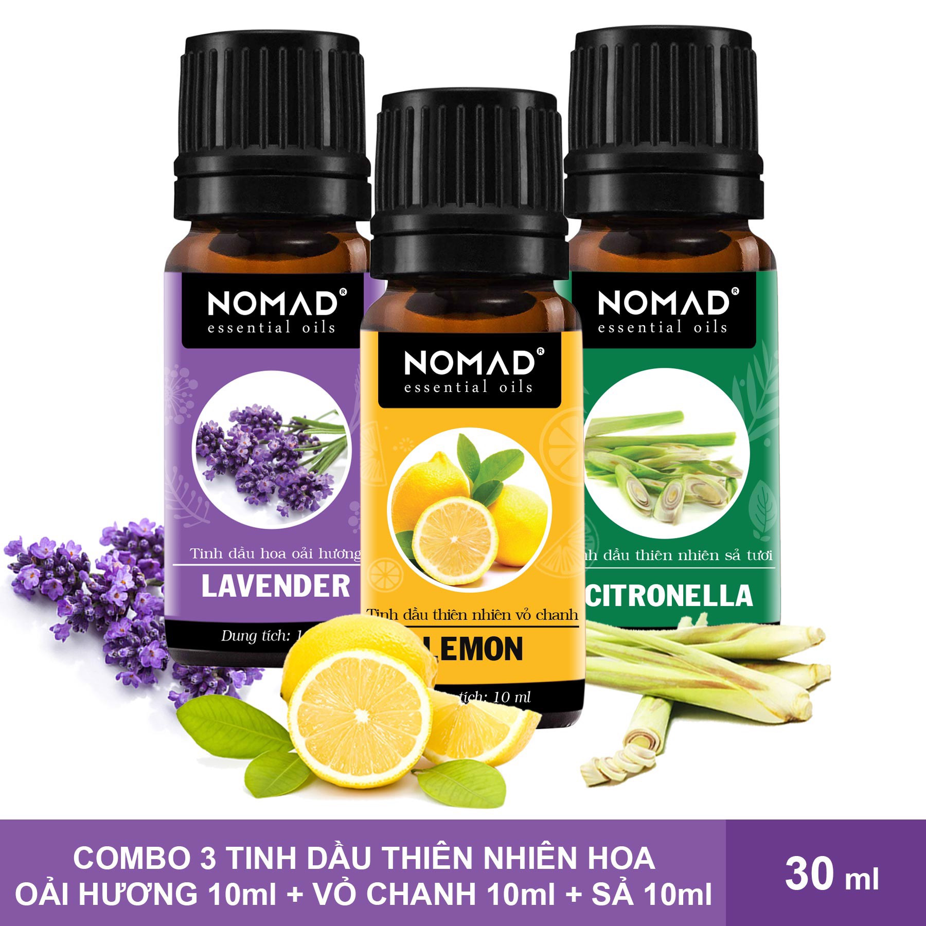 Combo 3 Tinh Dầu Nguyên Chất Nomad: Tinh Dầu Hoa Oải Hương (10ml) + Tinh Dầu Vỏ Chanh (10ml) + Tinh Dầu Sả Tươi(10ml)