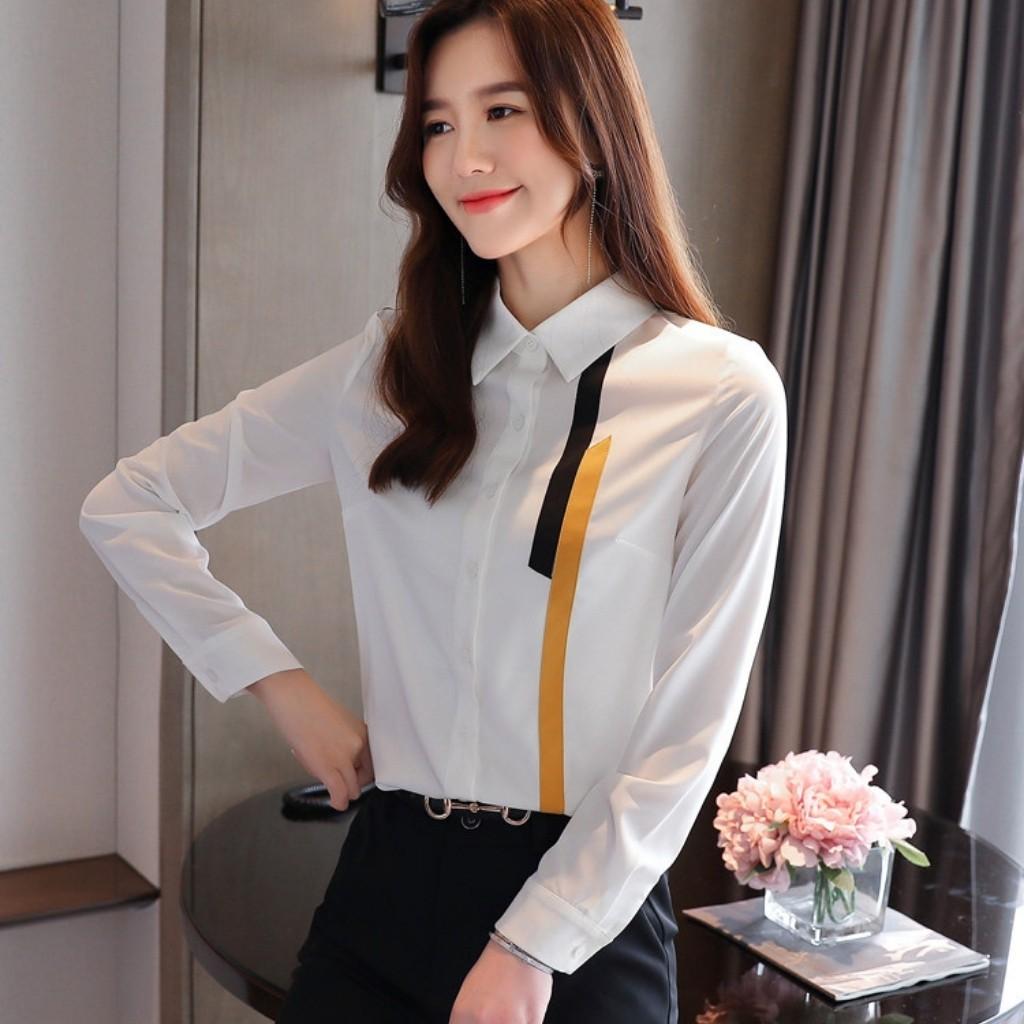 Áo so mi nữ trắng dài tay phối viền ghép Mã A685 Thời trang TOP FASHION SHOP